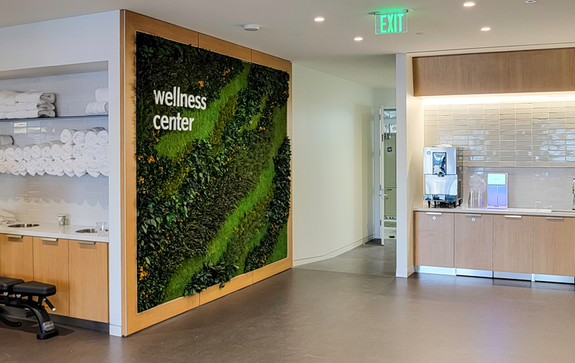 A vibrant green living wall in the wellness center of Morgan Lewis's Philadelphia office.