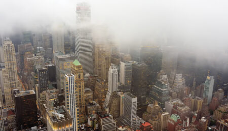 Top view of New York skyline in rainy and cloudy day