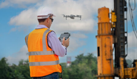 Construction worker flying a drone