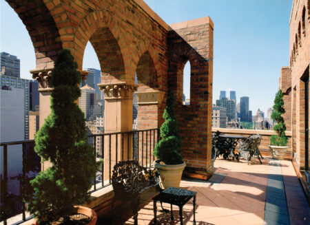 An exterior shot of a patio at the Barbizon building in New York, NY