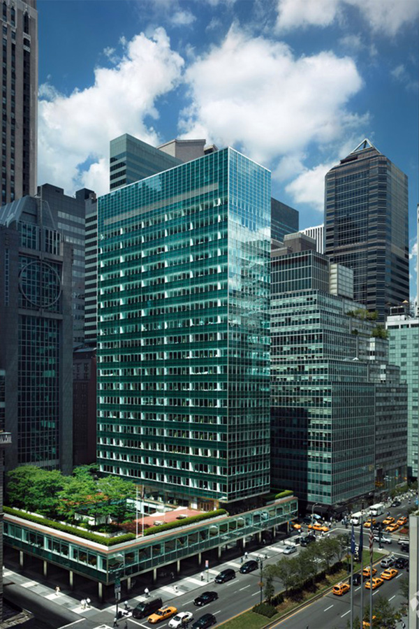 The Lever House building in New York City with a large green roof, providing a sustainable and eco-friendly solution.