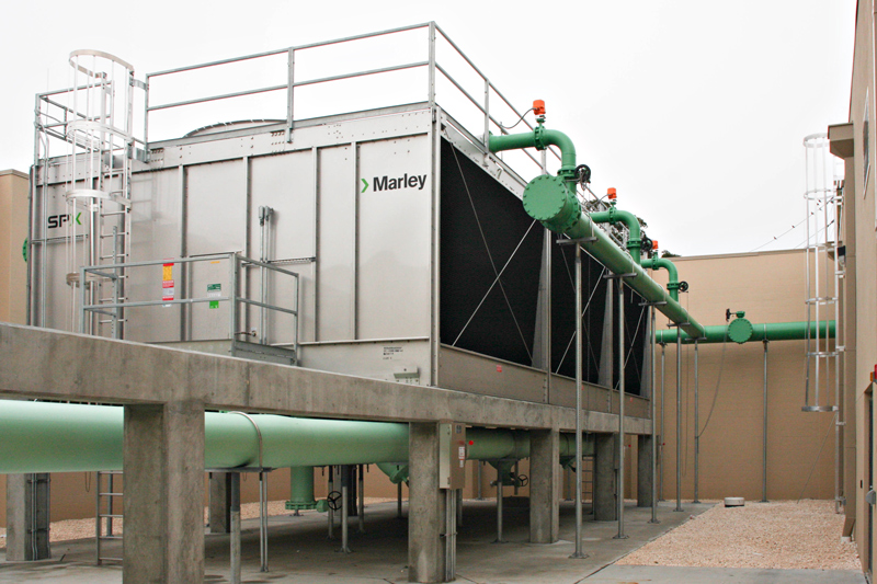 A large HVAC system with green pipes on top of a building.