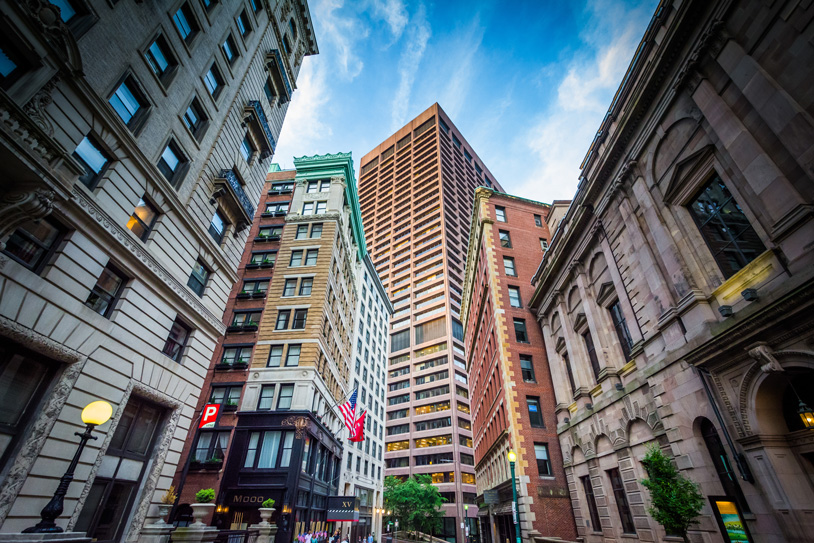 Tall buildings along Beacon Street in Boston, Massachusetts.