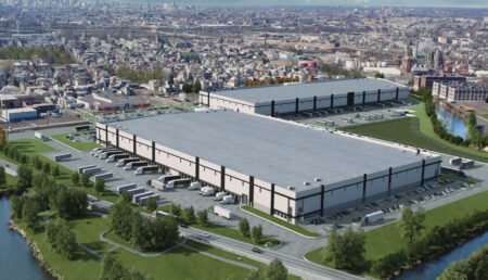 A rendering of DH Property Holdings' two-building, 760K SF distribution center at 5000 Richmond St. in Philadelphia, which broke ground in May 2023.