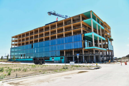 Southstone Yards in Frisco, Texas, includes a seven-story office building featuring a mass timber structural frame and concrete core.