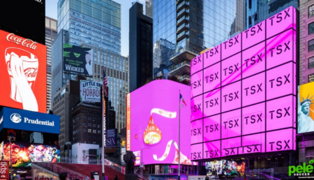 An exterior shot of TSX Broadway and its large LED screen.