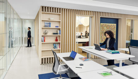 Open office area where employees can sit or stand when working.