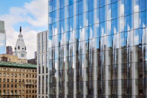 Glass facade of the Honickman Center in Philadelphia