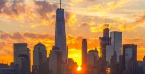 NYC skyline at sunset