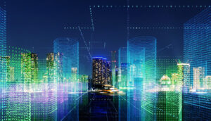 A vibrant cityscape illuminated by streams of digital data, showcasing the fusion of technology and urban life.