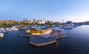 Northern part of the Lake Union pier with sweeping lake views and glass walls