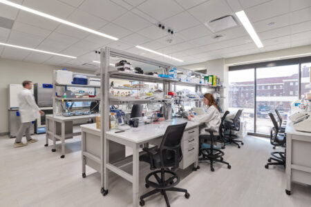 Inside a lab, several people are focused on their computers and tables, working together on various projects and experiments.
