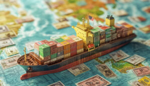 A detailed model of a container ship positioned atop a geographical map, illustrating maritime navigation and trade routes.