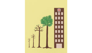Mass timber drawing of a healthcare building next to trees