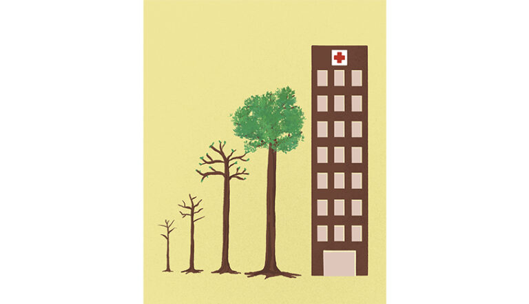Mass timber drawing of a healthcare building next to trees