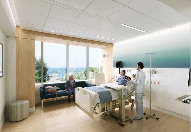 digital rendering of hospital room with big window and wood floors and accents on the window with hospital bed and patent, doctor and a guest sitting on a blue bench at SSUH built by LF Driscoll Healthcare