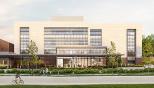 Digital rendering of the FSU Academic Health Center with moder design and glass widow facade and cream and tan stone work with a grey awning built by Ajax Building Company
