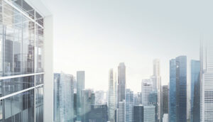 digital rendering of a building scape with skyscrapers in blue tone