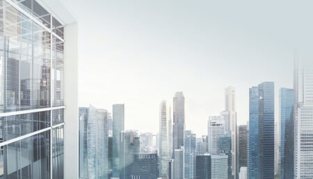 digital rendering of a building scape with skyscrapers in blue tone