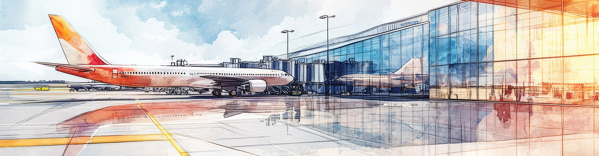 Vibrant exterior of an airport with a plane and terminal that is in a watercolor type of composition