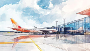 vibrant watercolor of an airport with plane and terminal
