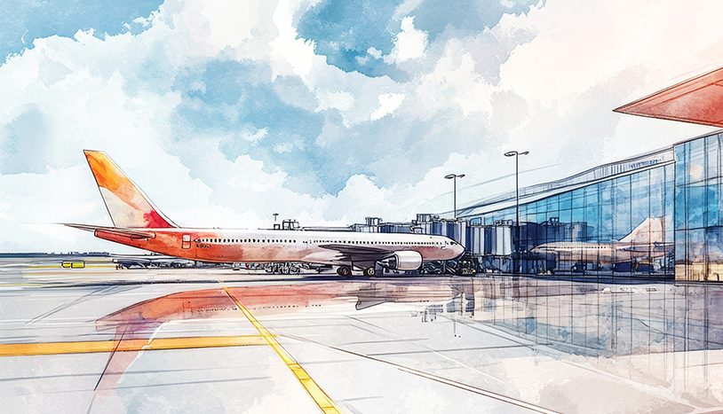 vibrant watercolor of an airport with plane and terminal
