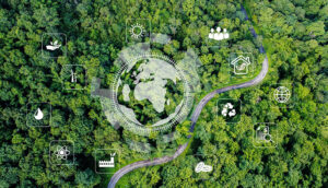 Picture of green forest arial view and apps icon images overlapping