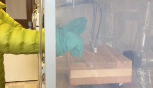 A researcher with a University of Oregon-led team studying cross-laminated timber swabs a sample with a Q-tip.