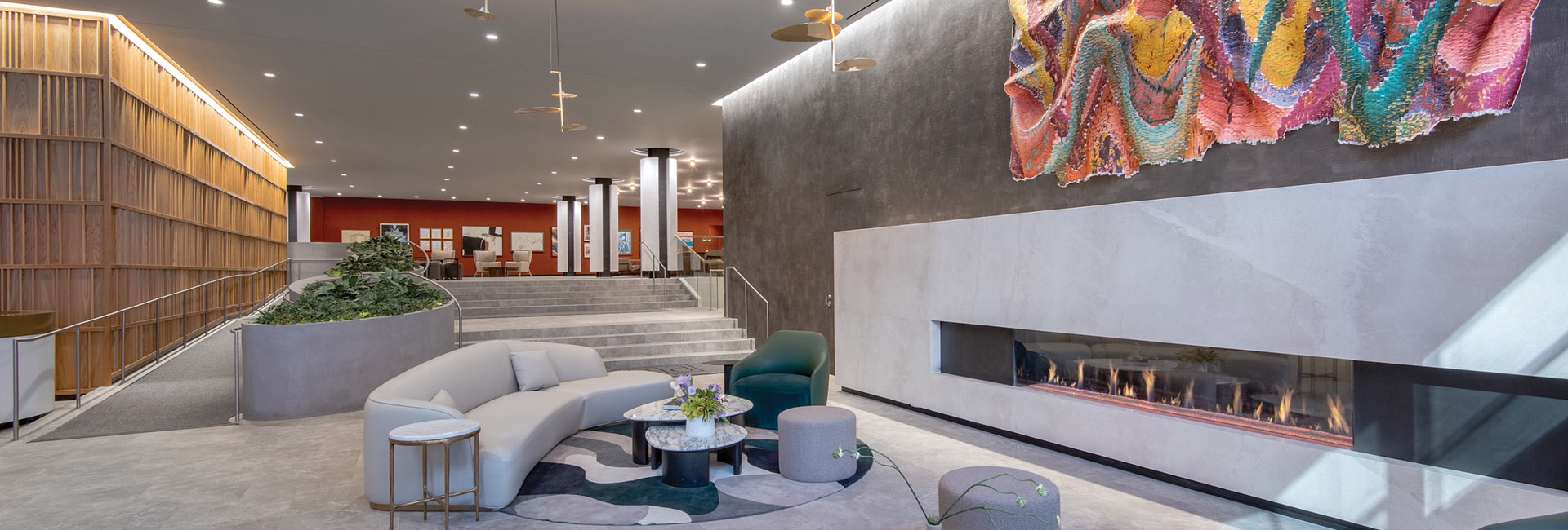25 water street interior of lobby with fireplace and couch area
