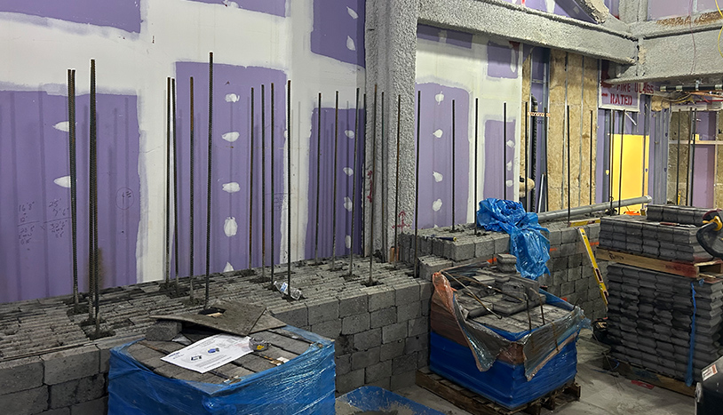 Penn Medicine construction site with purple sheetrock