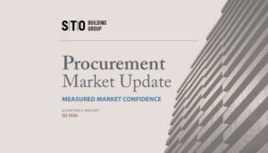 Cover graphic for STO Building Group's Procurement Market Update quarterly report, featuring the title "Measured Market Confidence, Q2 2026" alongside a grayscale image of a modern high-rise building facade.