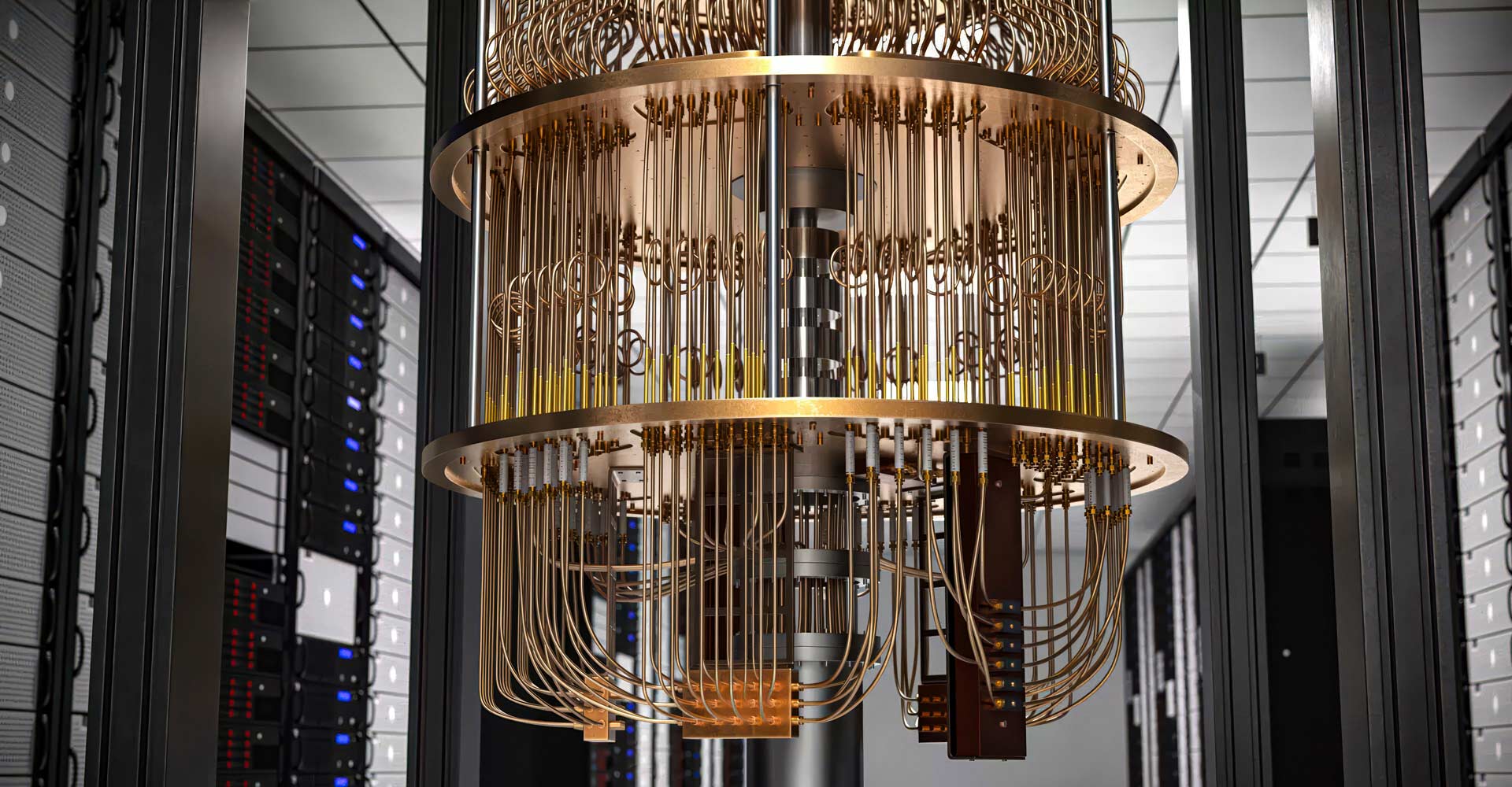 Gold-toned cylindrical assembly with dense wiring inside a glass enclosure, flanked by rows of server racks.
