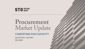 STO Building Group Procurement Market Update, “Competing for Capacity,” quarterly report, Q3 2026, with a high-rise building facade.